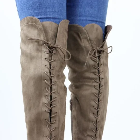 Lace-Up Back Taupe Faux Suede Thigh High Over The Knee Lug Block Heeled Boot - Picture 13 of 14